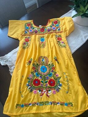 Vibrant Yellow Mexican Embroidered Tunic Dress